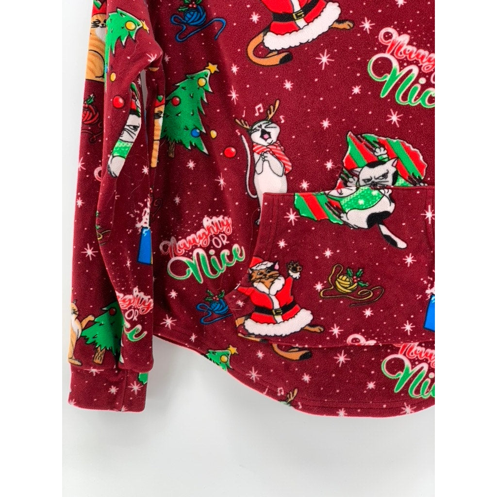 NO BOUNDARIES Women's Red Christmas Cat Fleece Hoodie Sweater SZ M