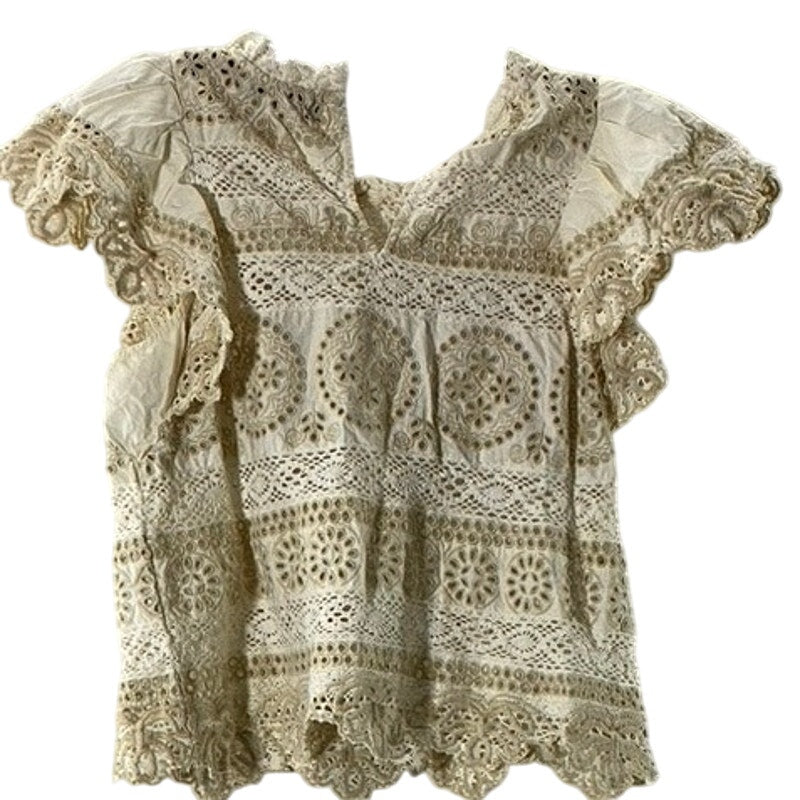 SEA NEW YORK Women's Beige/Cream Evie Eyelet Lace Flutter Short Sleeve Top SZ S