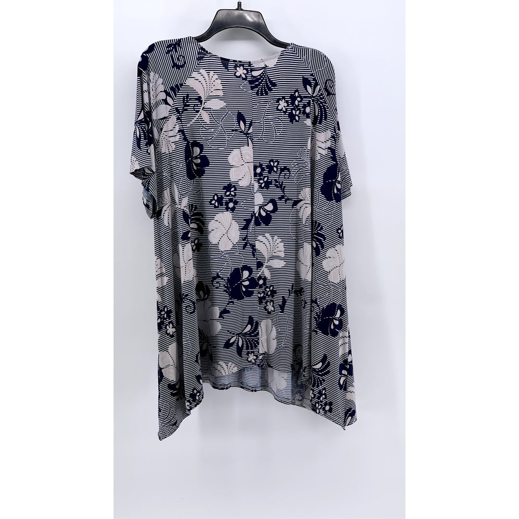 AVENUE Women's Plus Navy Floral Striped Scoop-Neck Short Sleeve Top SZ 26/28