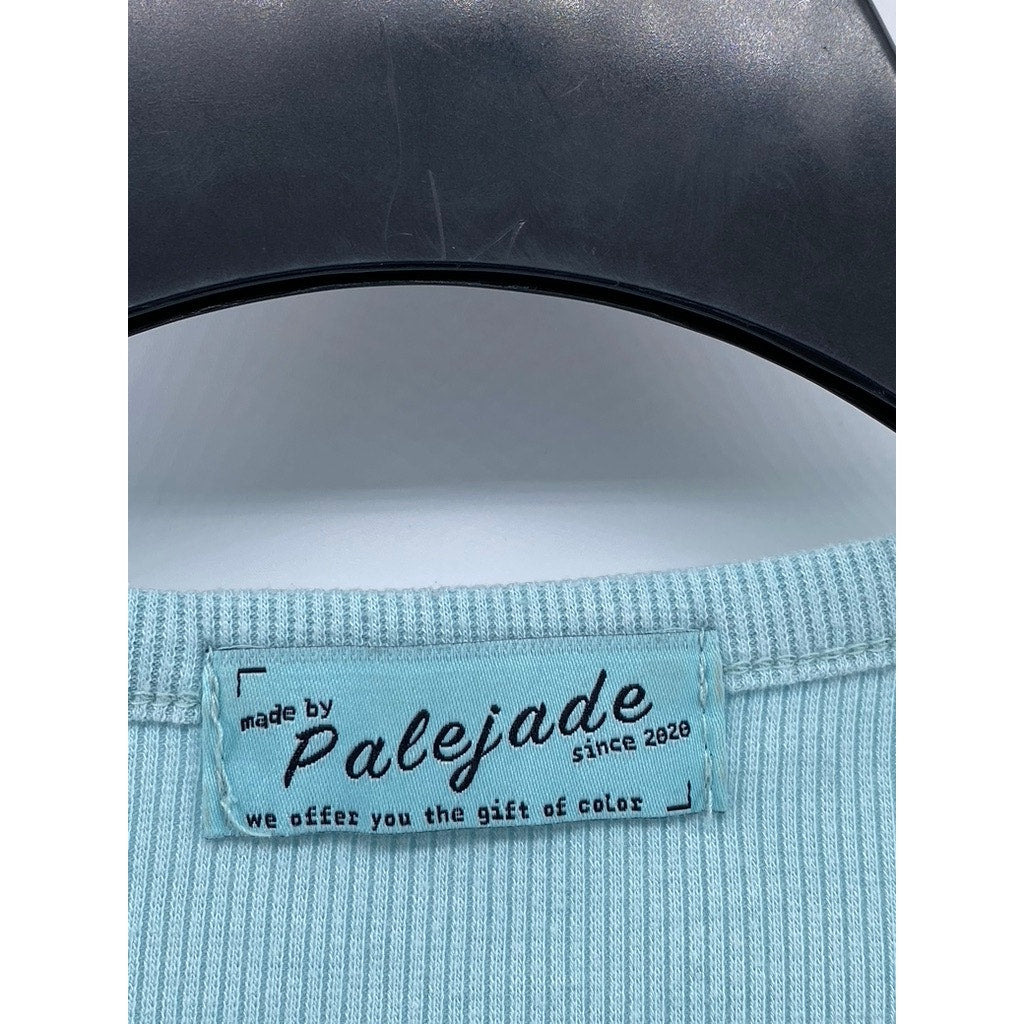 PALE JADE Women's Light Blue Ribbed V-Neck Long Sleeve Button-Up Top SZ S