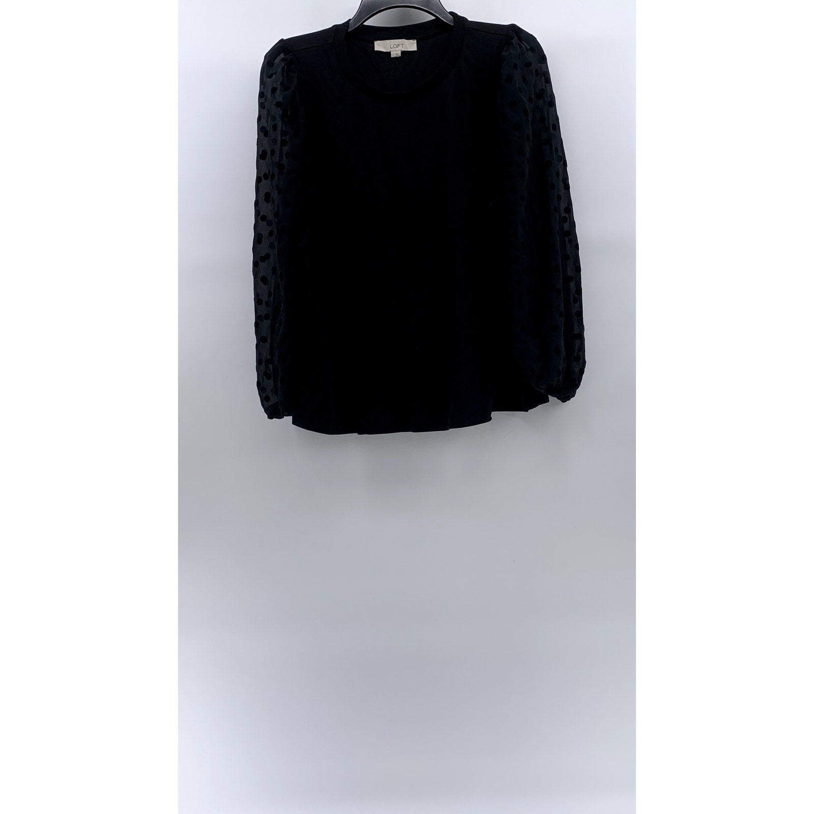 LOFT Women's Black Crewneck Sheer Dot Print Long Sleeve Top SZ L