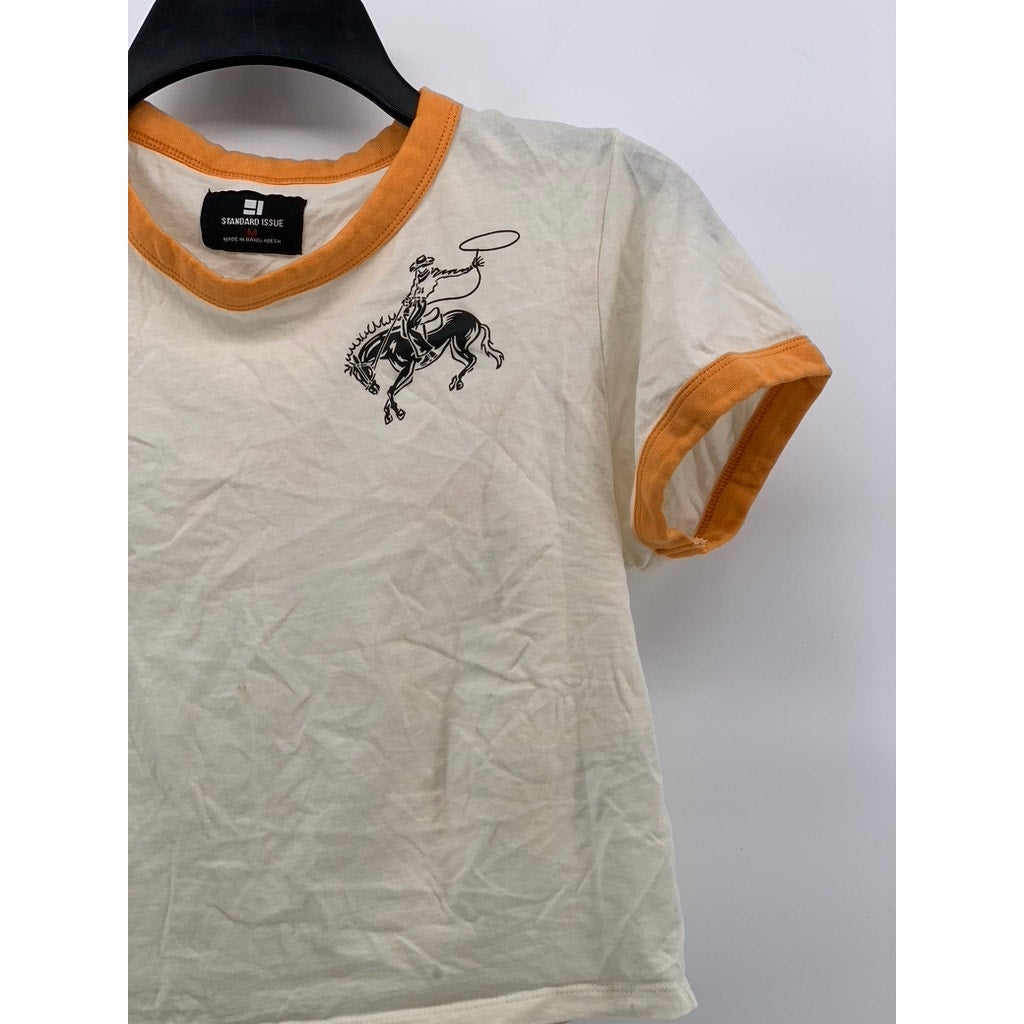 STANDARD ISSUE Women's Cream-Orange Crewneck Cowboy Graphic Short Sleeve Top SZM