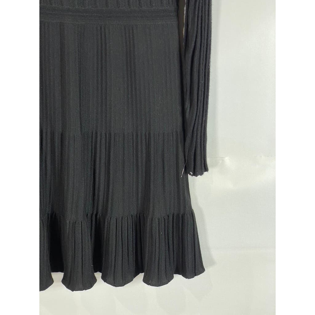 REISS Women's Clemmy Black Pleated Long Sleeve A-line Illusion Dress SZ L