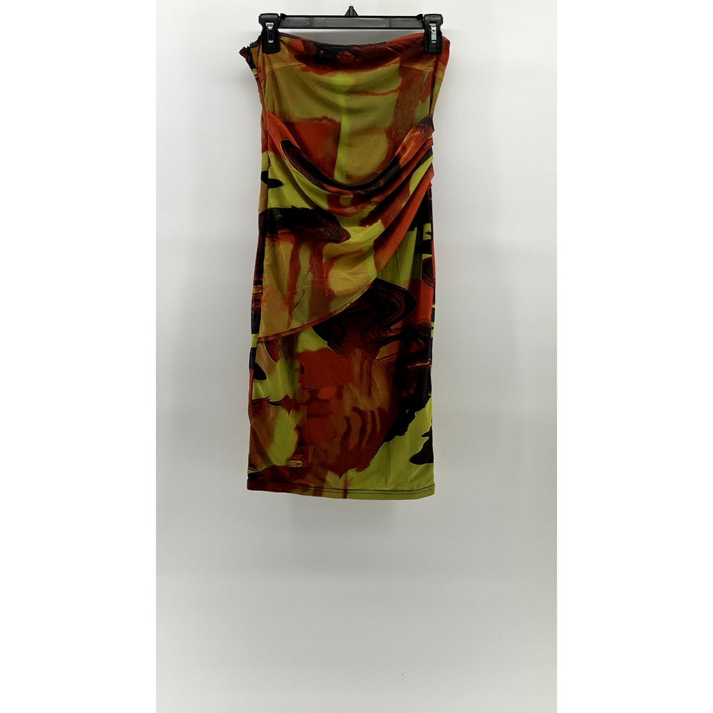 SHEIN Women's Green-Red Printed Strapless Mesh Side-Ruched Bodycon Dress SZ 6