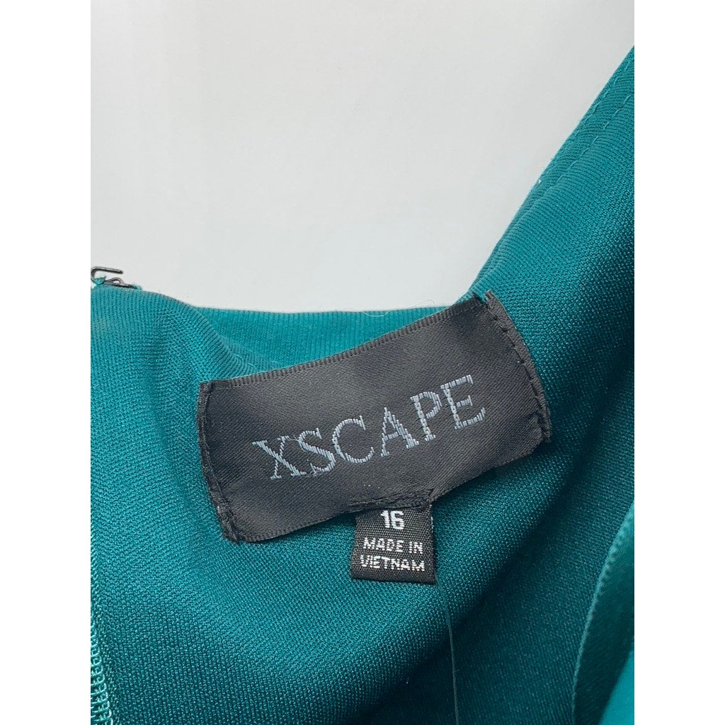 XSCAPE Women's Green Lucy Long Scuba Crepe One Shoulder Dress SZ 16