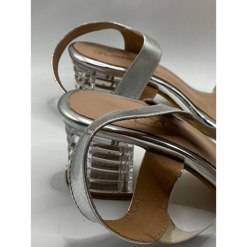 PATTERNZ Women's Silver Rhinestone Open-Toe Ankle-Strap Block Heel Sandals SZ 7