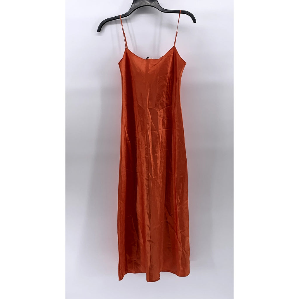VINCE. Women's Orange Satin Straight-Neck Bias Spaghetti-Strap Slip Dress SZ 2XS