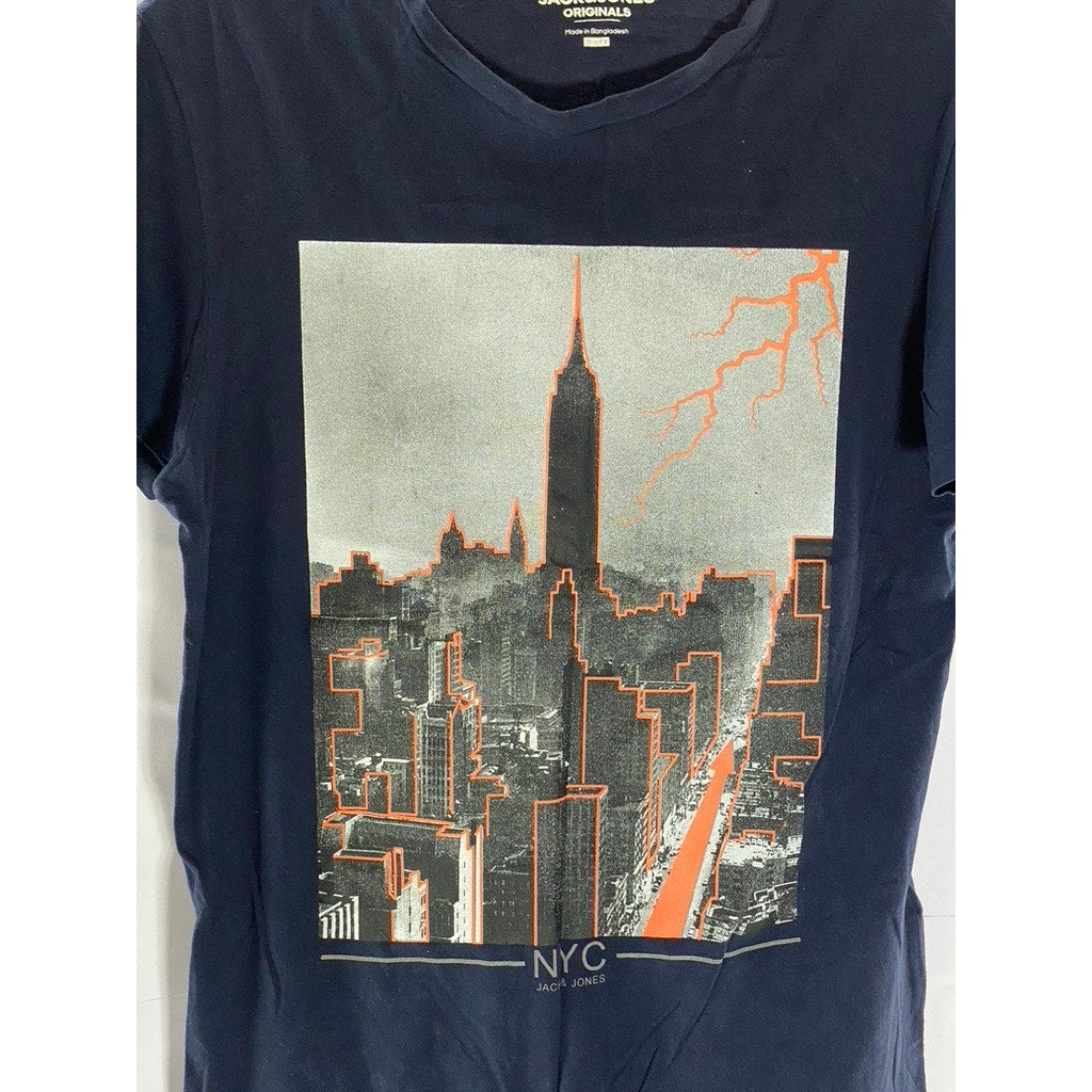 JACK & JONES Men's Navy Blazer Slim-Fit City Graphic Short Sleeve T-Shirt SZ L
