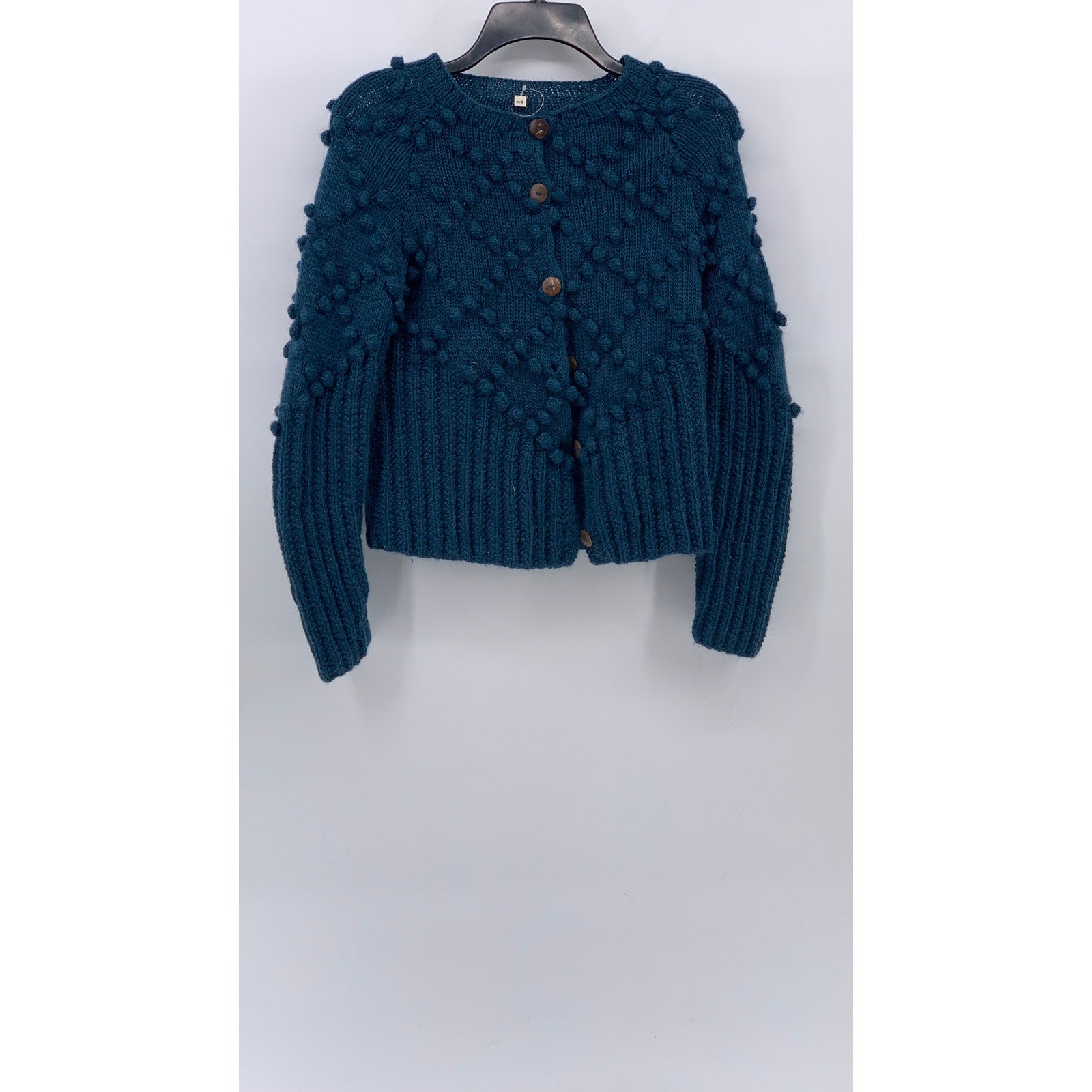 KTS Women's Dark Blue Knit Button-Up Long Sleeve Ball Textured Cardigan SZ XS