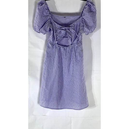 H&M Women's Purple-White Gingham Tie-Front Cutout Puff-Sleeve Mini Dress SZ XS