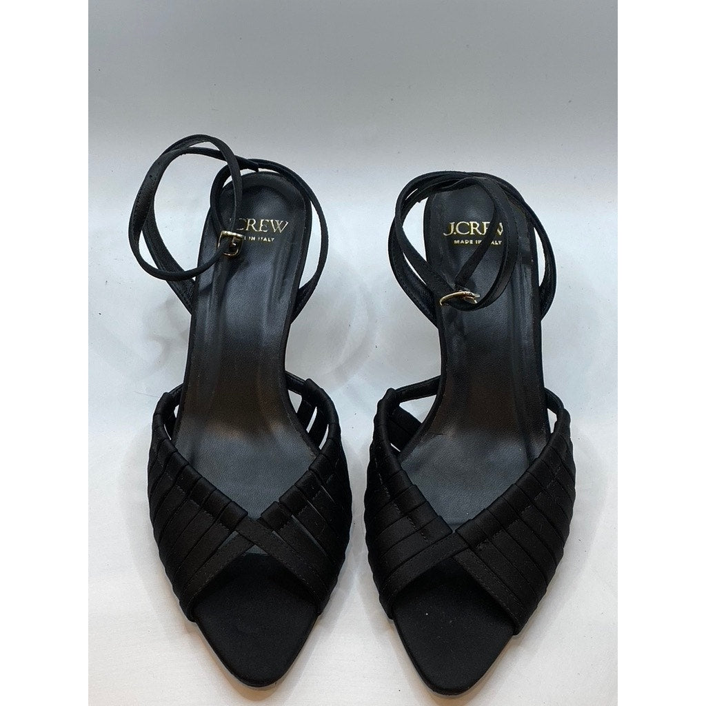 J.CREW Women's Black Satin Strappy Peep-Toe Ankle Strap Heeled Sandals SZ 8.5
