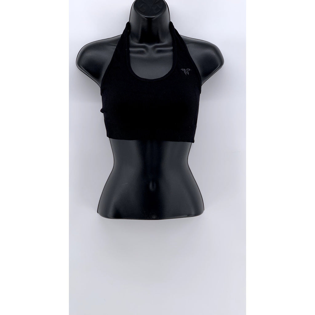 UNBRANDED Women's Black Ribbed Halter Crop Top SZ S
