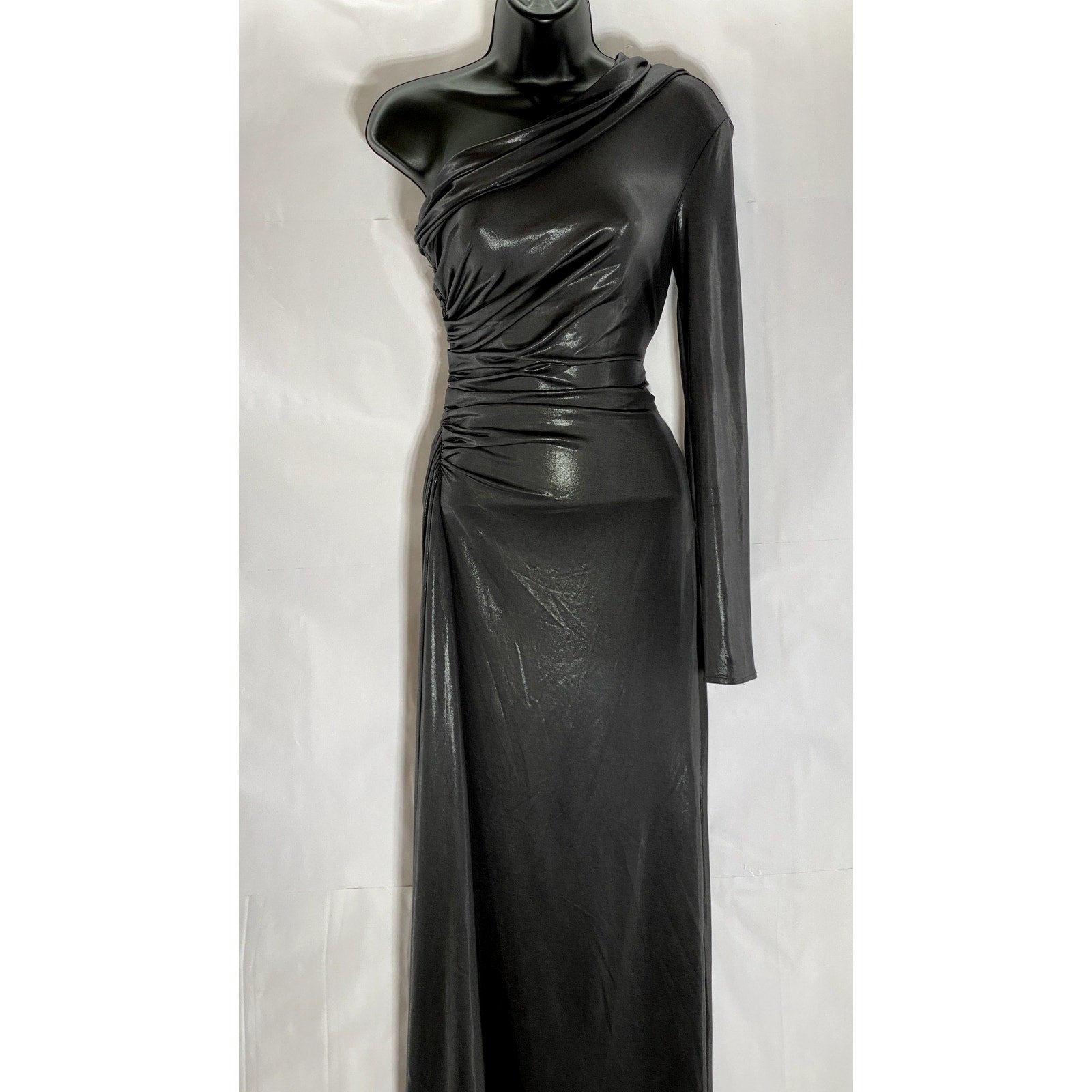ZARA Women's Charcoal Metallic One Shoulder Long Sleeve Side Slit Maxi Dress SZS