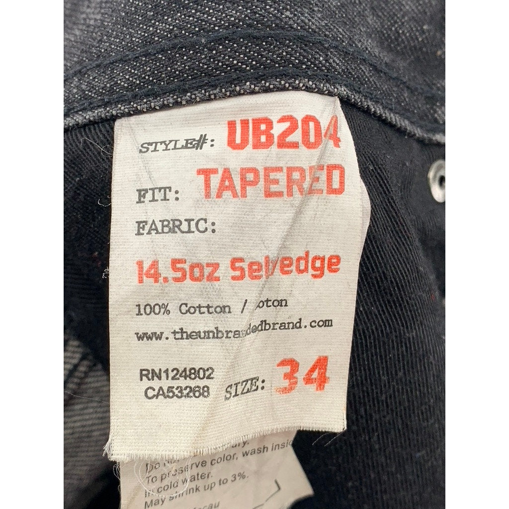 THE UNBRANDED BRAND Men's Black UB204 14.5oz Selvedge Tapered Jeans SZ 34