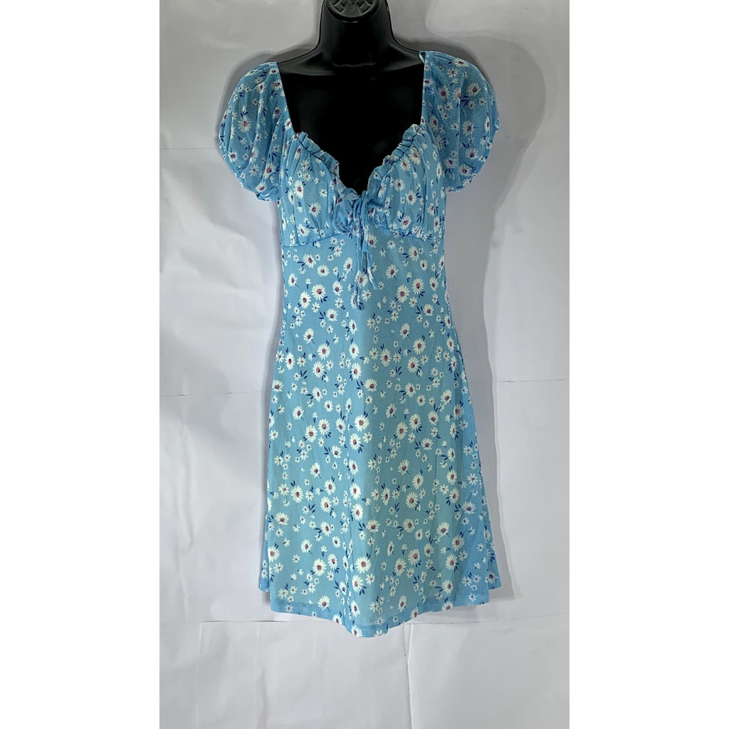 BERSHKA Women’s Light Blue Milkmaid Floral Puff Short Sleeve Mini Dress SZ M