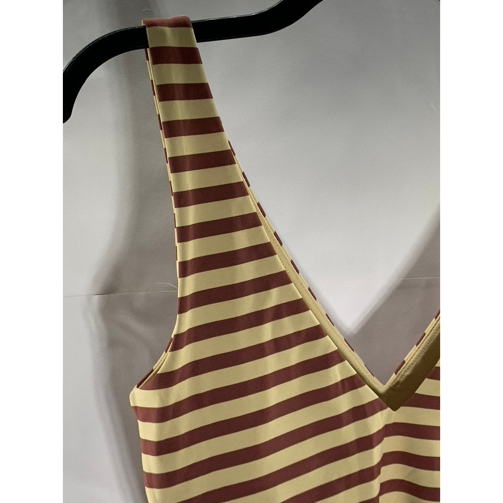 BABATON Women's Tan/Burgundy Striped Double V-Neck Thong Bodysuit SZ M
