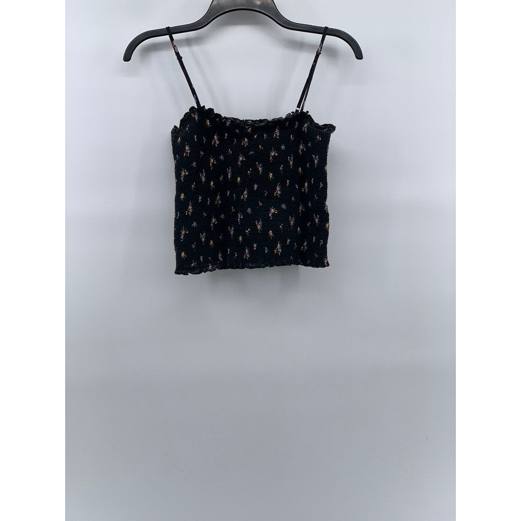 FOREVER 21 Women’s Black Floral Smocked Spaghetti Strap Cropped Tank Top SZ L