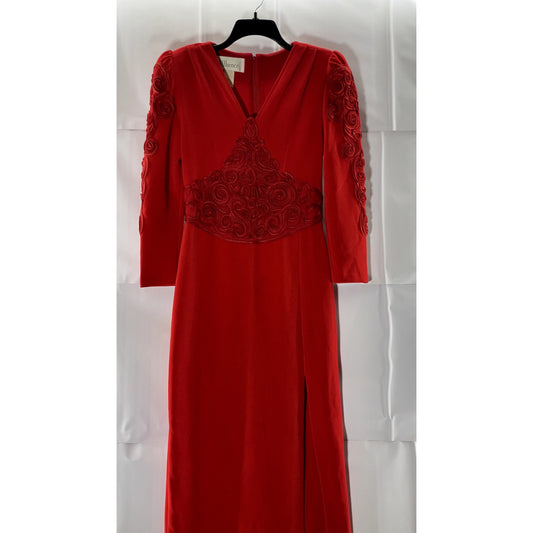 AFFLUENCE Women's Bright Red 3D Floral Trim V-Neck Split-Hem Maxi Gown SZ S