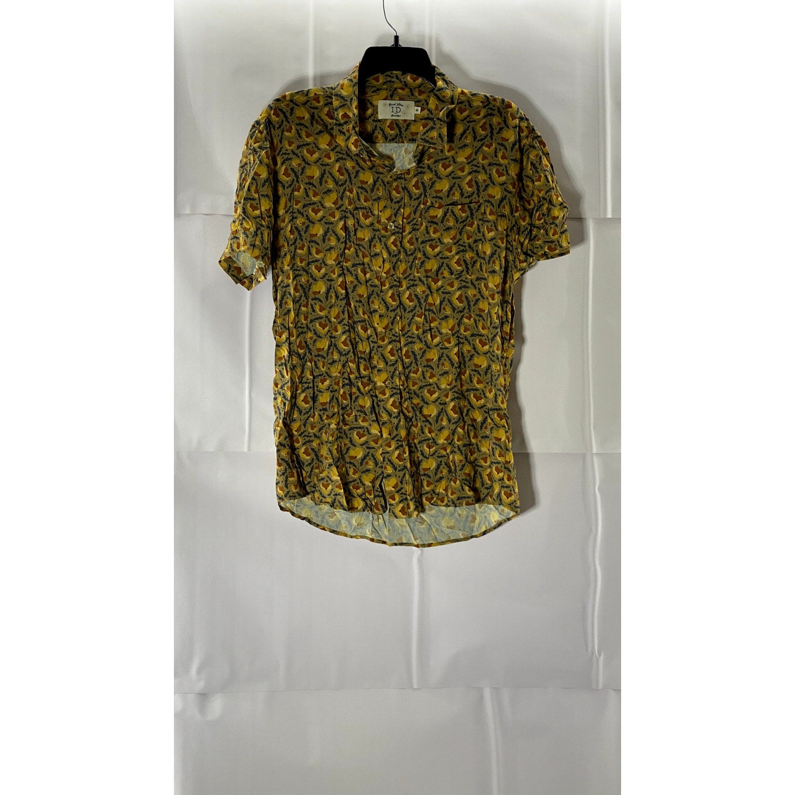 ID MENSWEAR Men's Yellow Printed Good Vibes Button-Up Short Sleeve Shirt SZ M