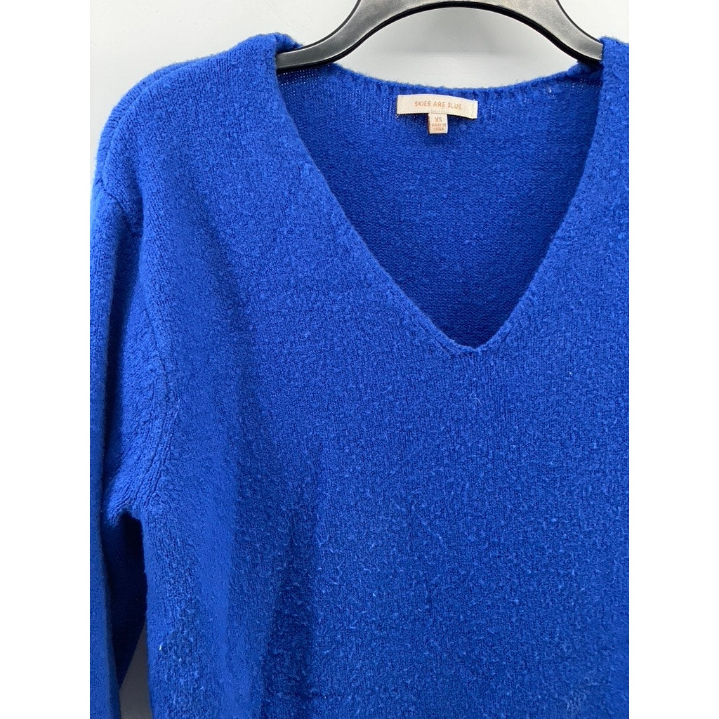 SKIES ARE BLUE Women's Royal Blue V-Neck Soft Knit Pullover Sweater SZ XS