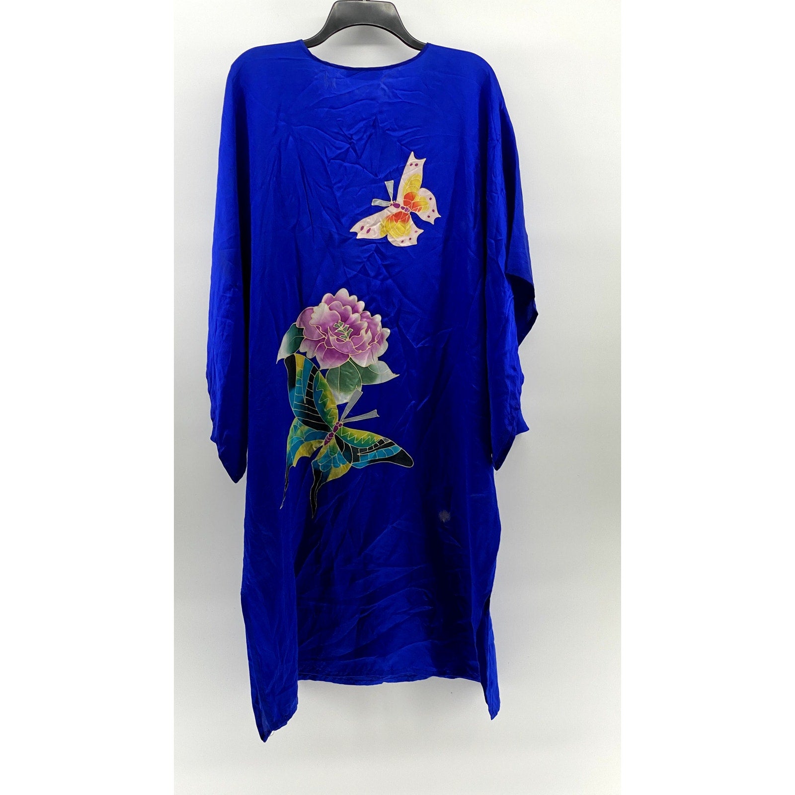 UNBRANDED Women's Royal Blue Butterfly Print Short Sleeve Midi Kimono Dress SZ L