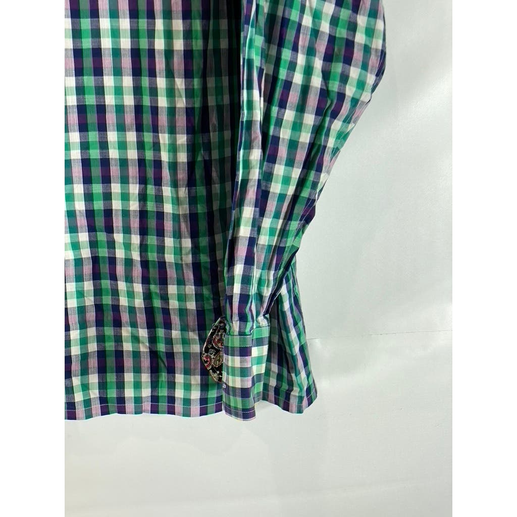 INSERCH ICON Men's Green Check Jacquard Cotton Button-Up Flip Cuff Shirt SZ XL