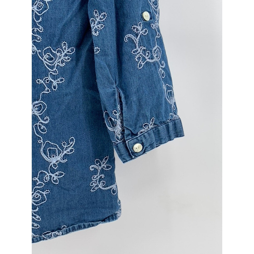 KORET Women's Blue Embroidered Split-Neck Long Sleeve Top SZ M