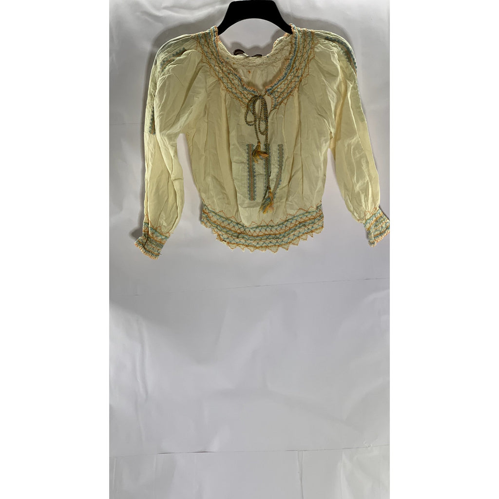 WHAT GOES AROUND COMES AROUND Women's Beige Embroidered Long SleeveTop SZ S