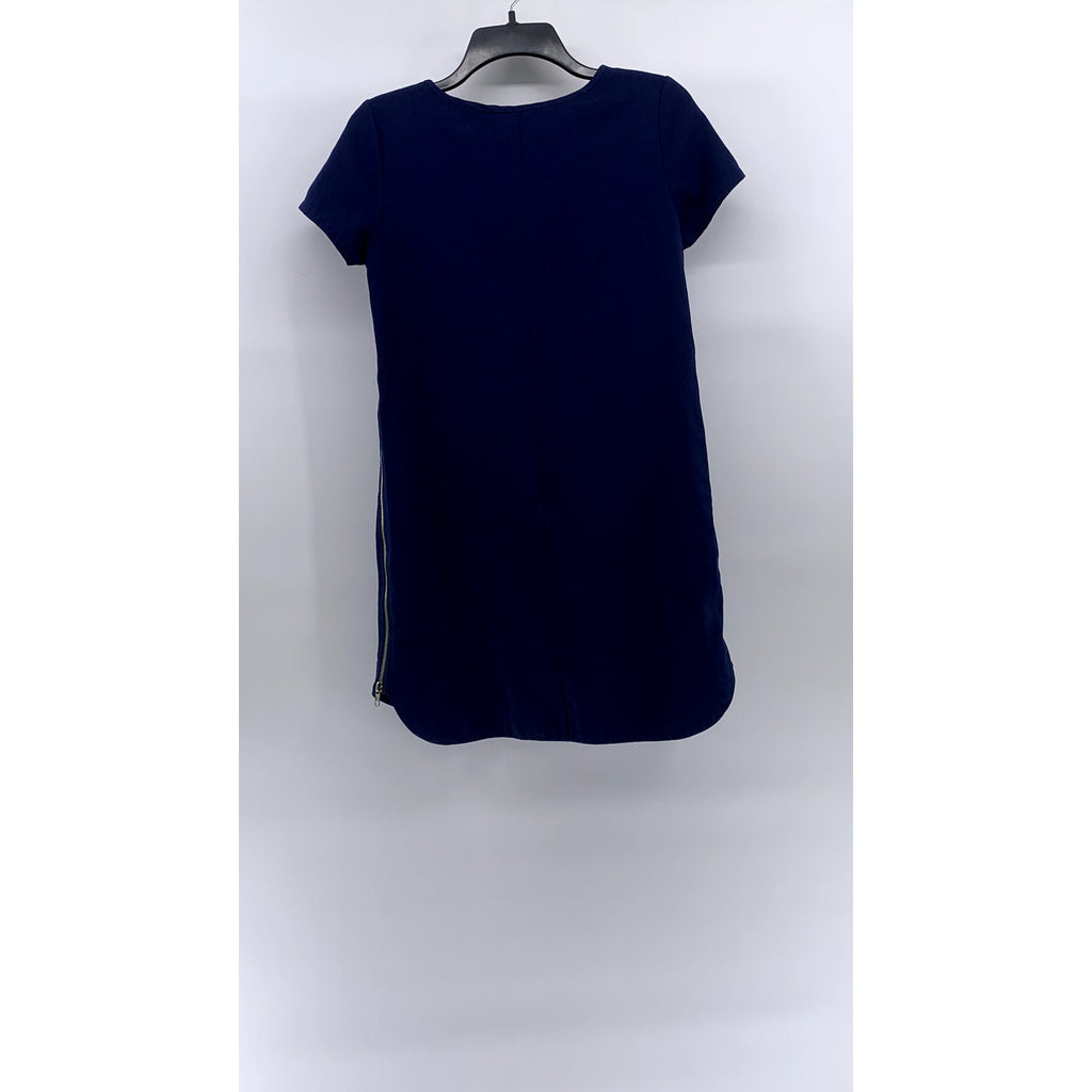 LULU'S Women's Dark Royal Blue Crewneck Short Sleeve Zipper-Hem Shift Dress SZXS