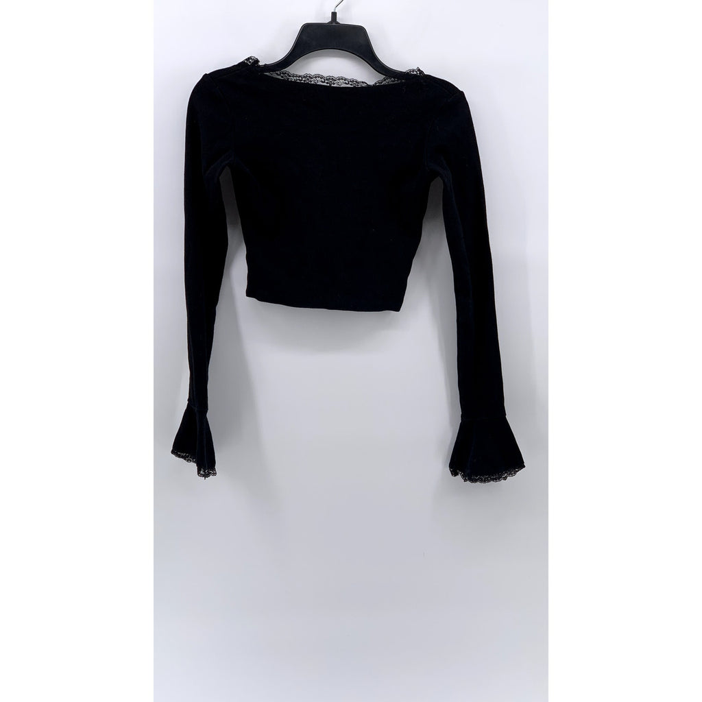 CURRENT MOOD Women's Black Lace-Trim Long Bell Sleeve Crop Top SZ S