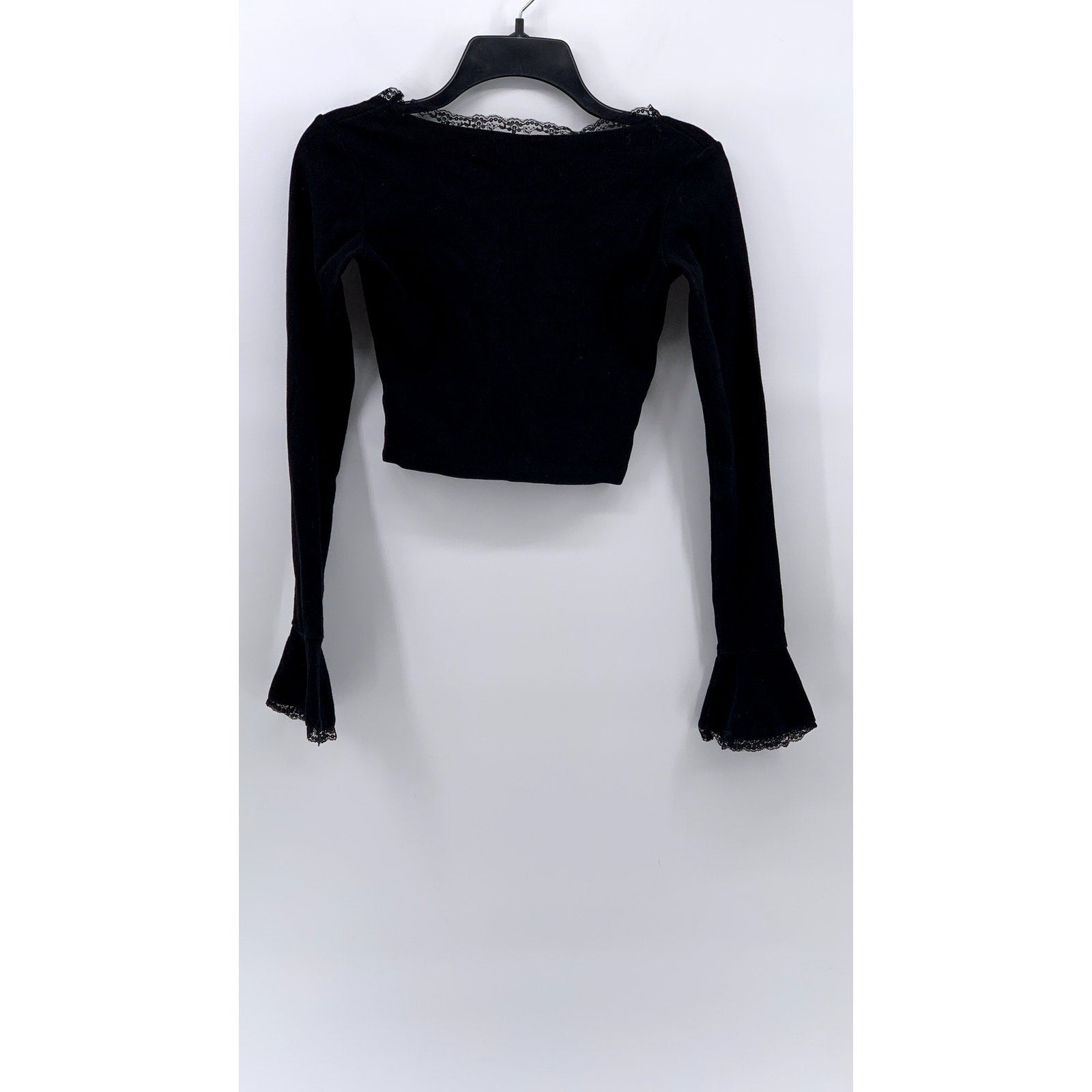 CURRENT MOOD Women's Black Lace-Trim Long Bell Sleeve Crop Top SZ S