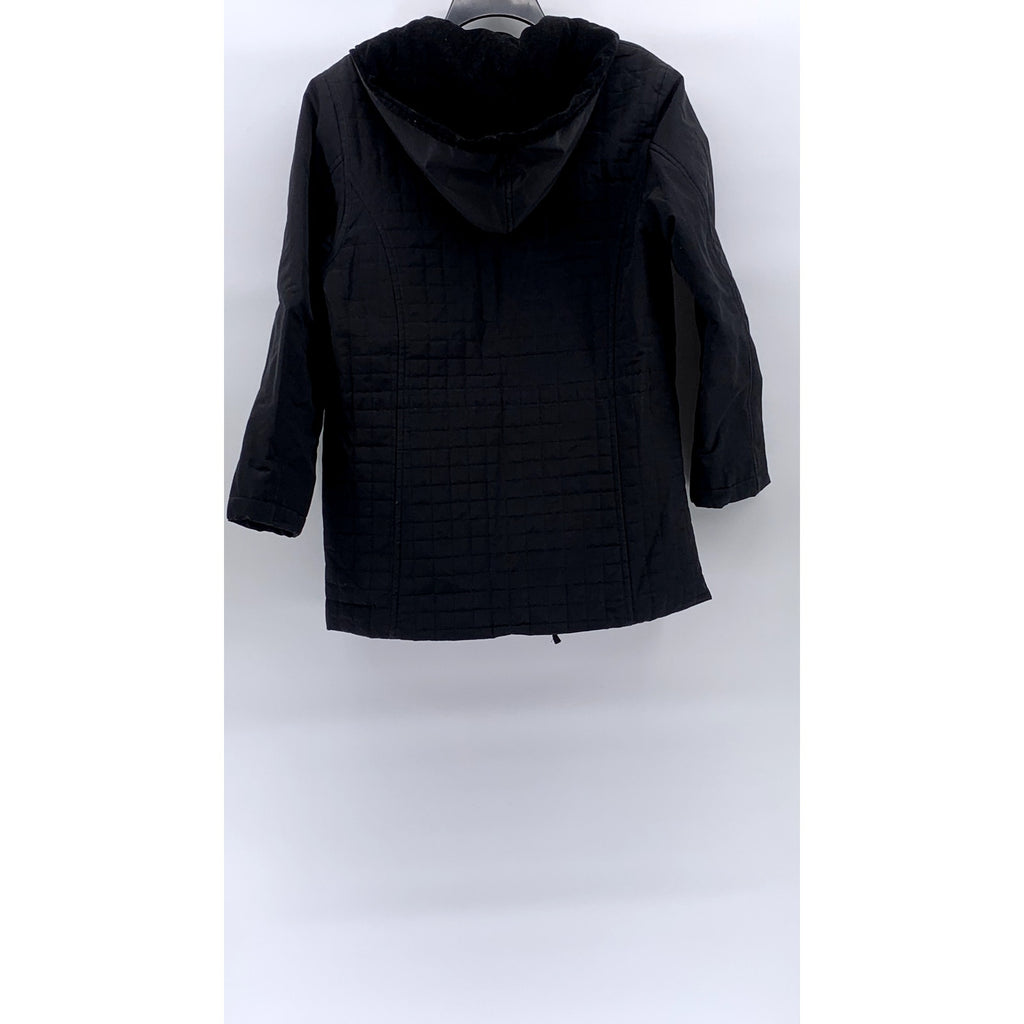 TALBOTS Women's Black Grid Velvet Trim Hooded Zip-Up Jacket SZ S