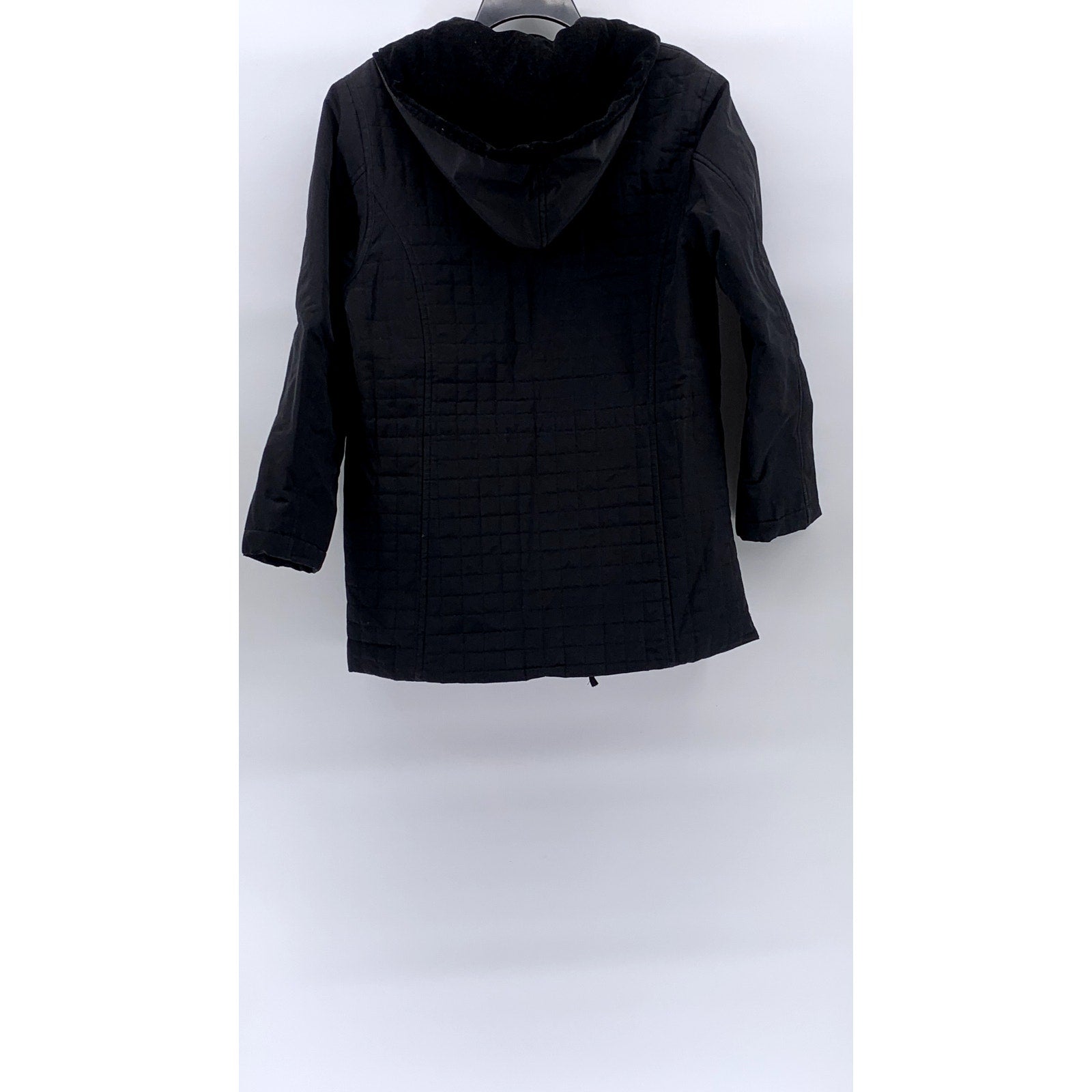 TALBOTS Women's Black Grid Velvet Trim Hooded Zip-Up Jacket SZ S