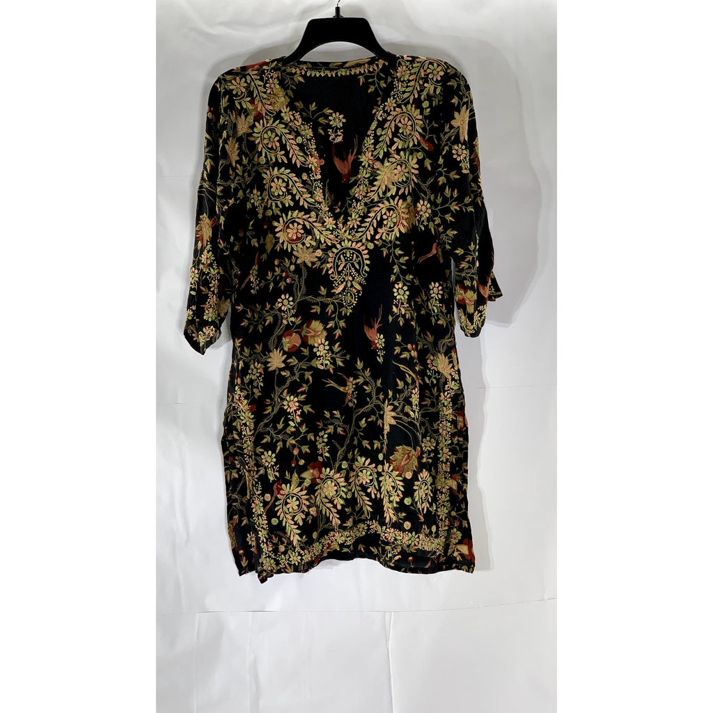 UNBRANDED Women's Black Embroidered Floral Print V-Neck Silk Mini Dress SZ M