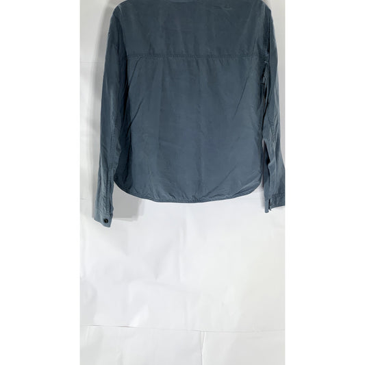 EVERLANE Women's Blue Washable Silk Long Sleeve Henley Patch Pocket Top SZ 2