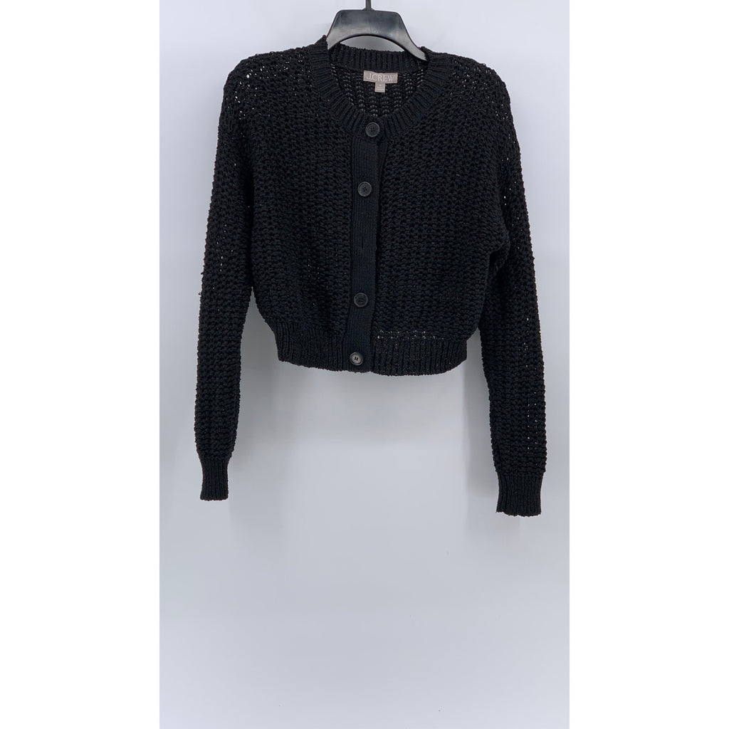 J.CREW Women's Black Open Knit Crewneck Button-Up Cropped Cardigan SZ M