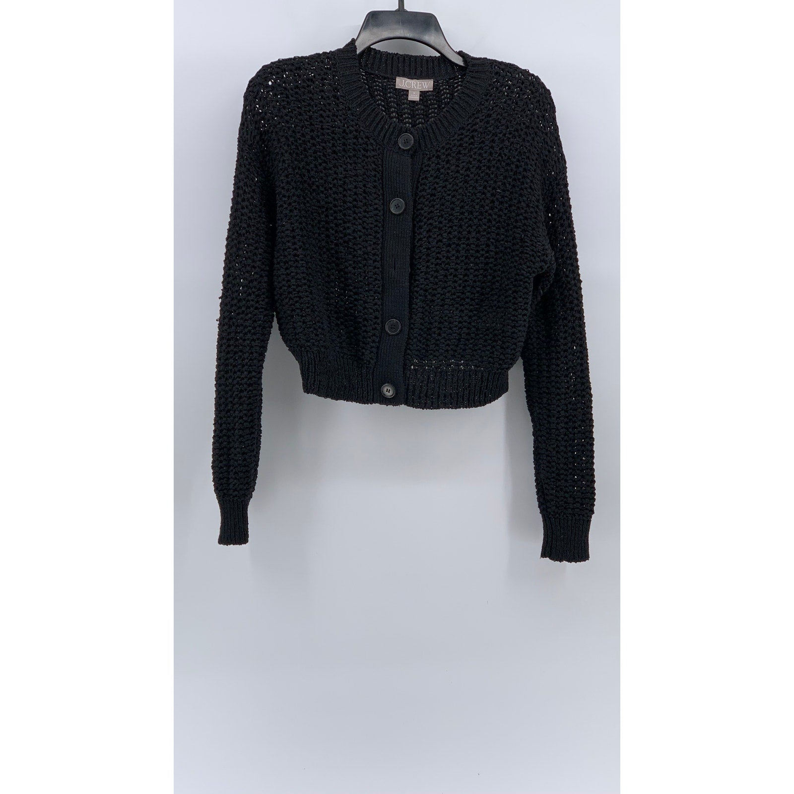 J.CREW Women's Black Open Knit Crewneck Button-Up Cropped Cardigan SZ M
