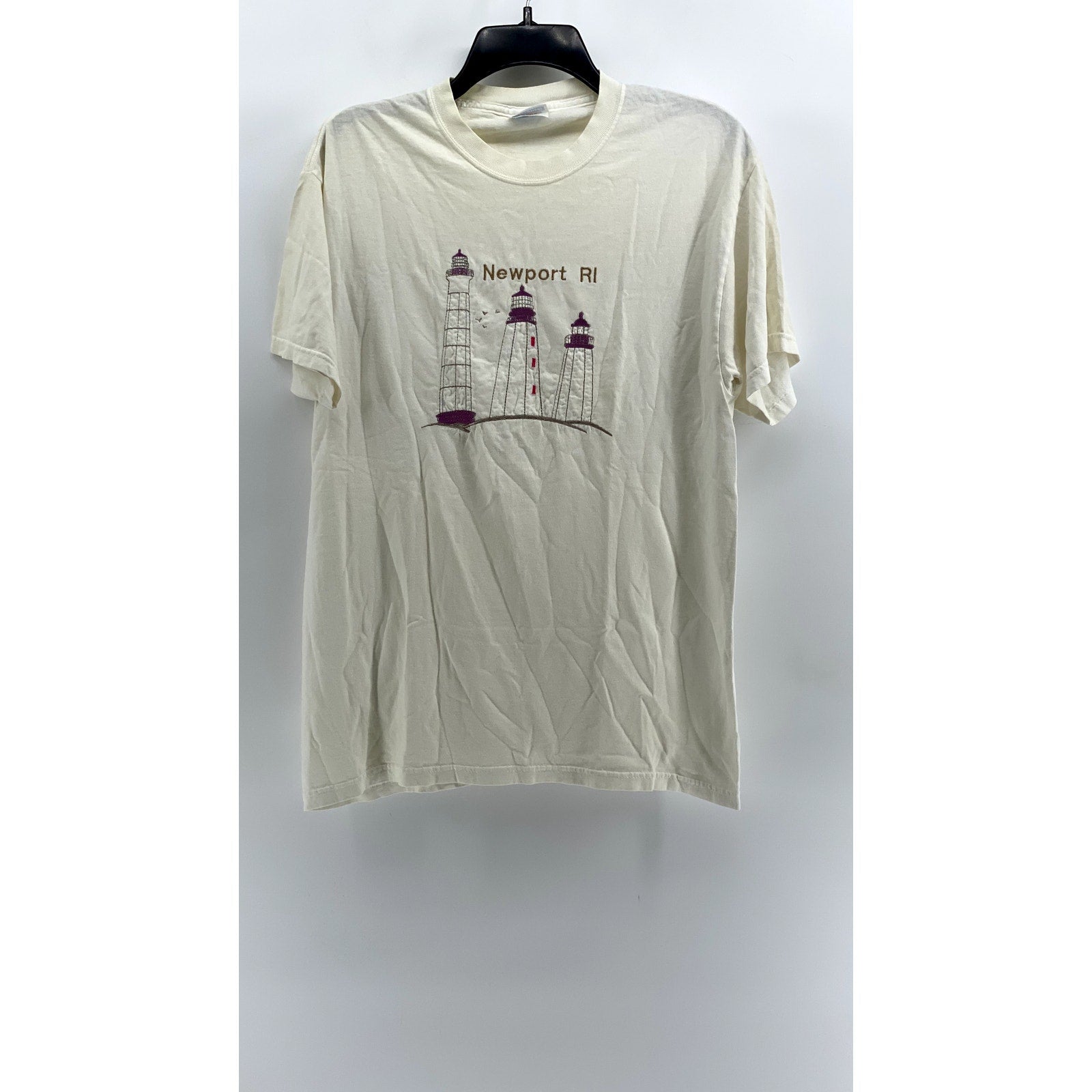 HANES Men's Off-White Newport Lighthouse Short Sleeve T-Shirt SZ M
