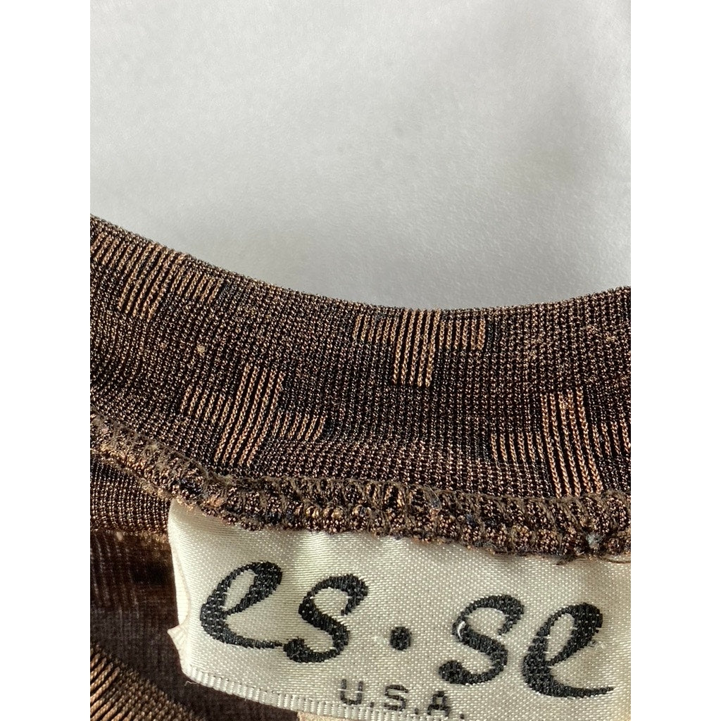 ES SE Women's Brown Cross Print Semi Sheer V-Neck Short Sleeve Top SZ M