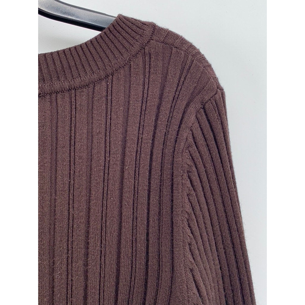 UNBRANDED Women's Brown Ribbed V-Neck Long Sleeve Top SZ S