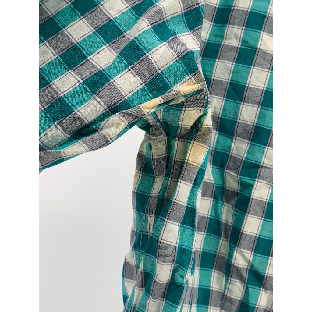 EXPRESS Men's Teal-White Plaid Extra Slim-Fit Button-Up Long Sleeve Shirt SZ M