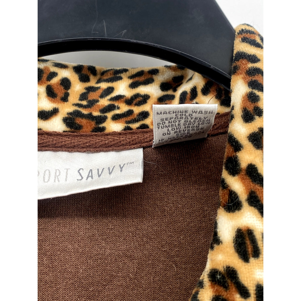 SPORT SAVVY Women's Brown Soft Y2K Animal Print Zip-Up Long Sleeve Sweater SZ M