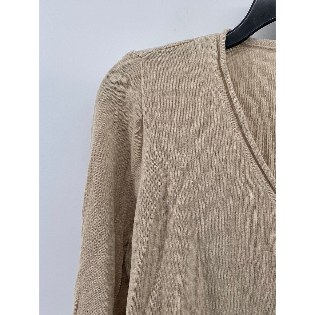 J.CREW Women's Tan V-Neck Linen-Blend Long Sleeve Casual Top SZ M