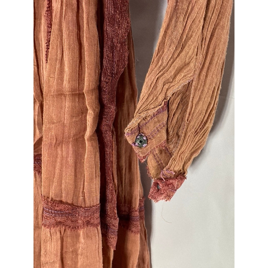 UNBRANDED Women's Burnt Orange Lace-Trim V-Neck Tiered Tie-Waist Midi Dress SZ S