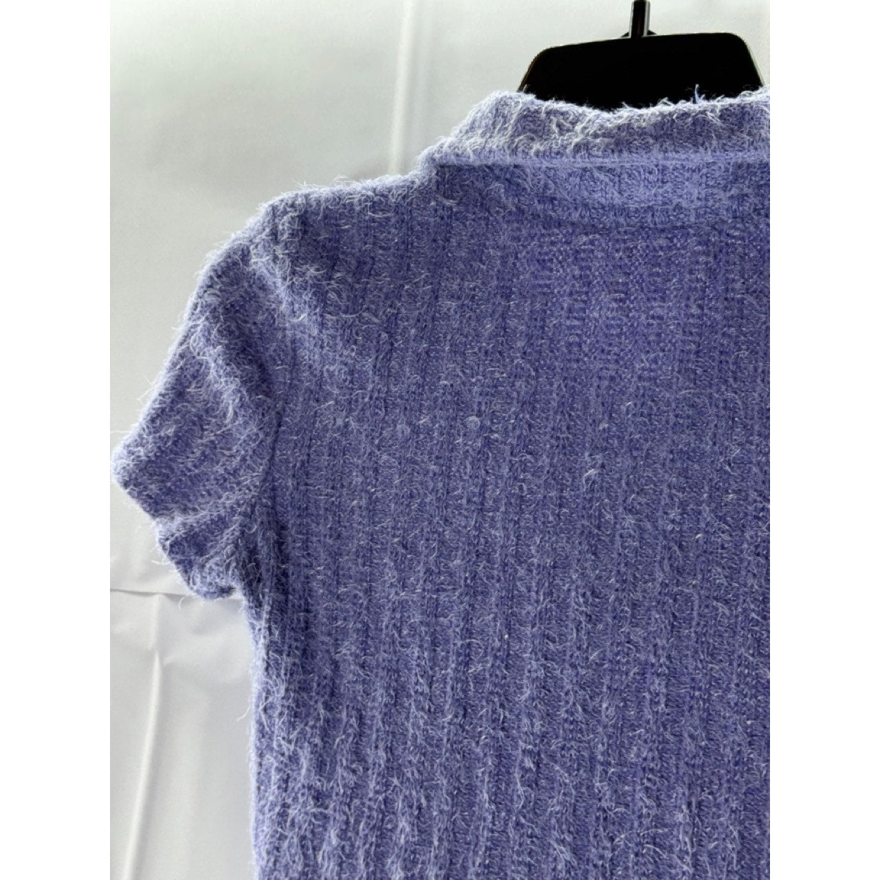 SHEIN Women's Purple Butterfly Collar Fuzzy Short Sleeve Zip-Up Crop Top SZ S