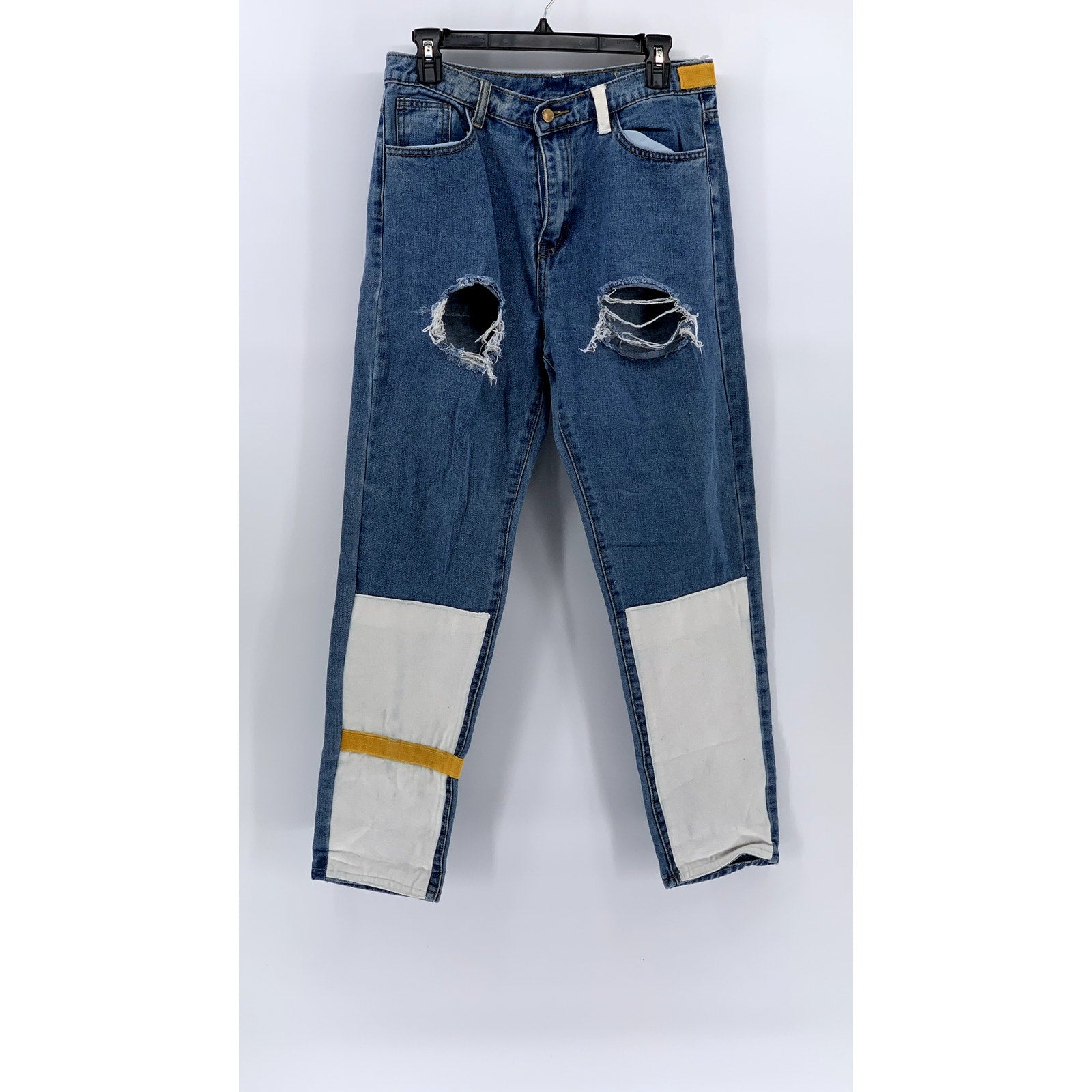 -CIDE Men’s Blue-White Color Block Denim Distressed Straight Leg Jeans SZ 31