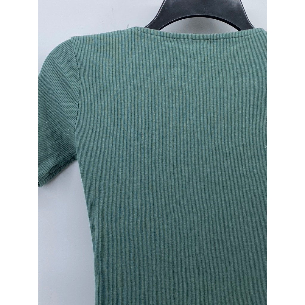 ZARA Women's Dark Green Straight-Neck Short Sleeve Midi Bodycon Dress SZ S