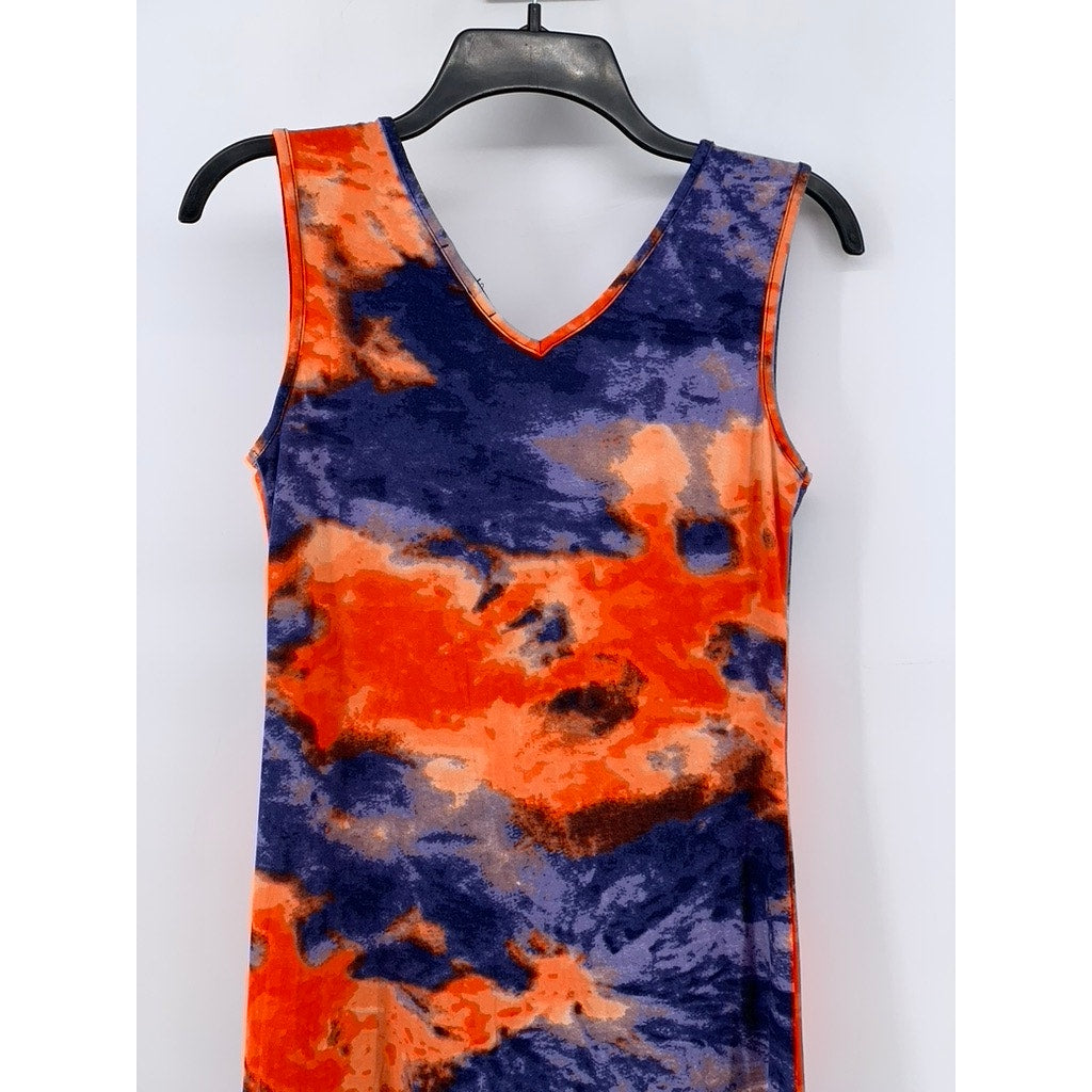 LOVE UNIVERSITY Women's Orange-Blue Tie-Dye V-Neck Tank Maxi Dress SZ M