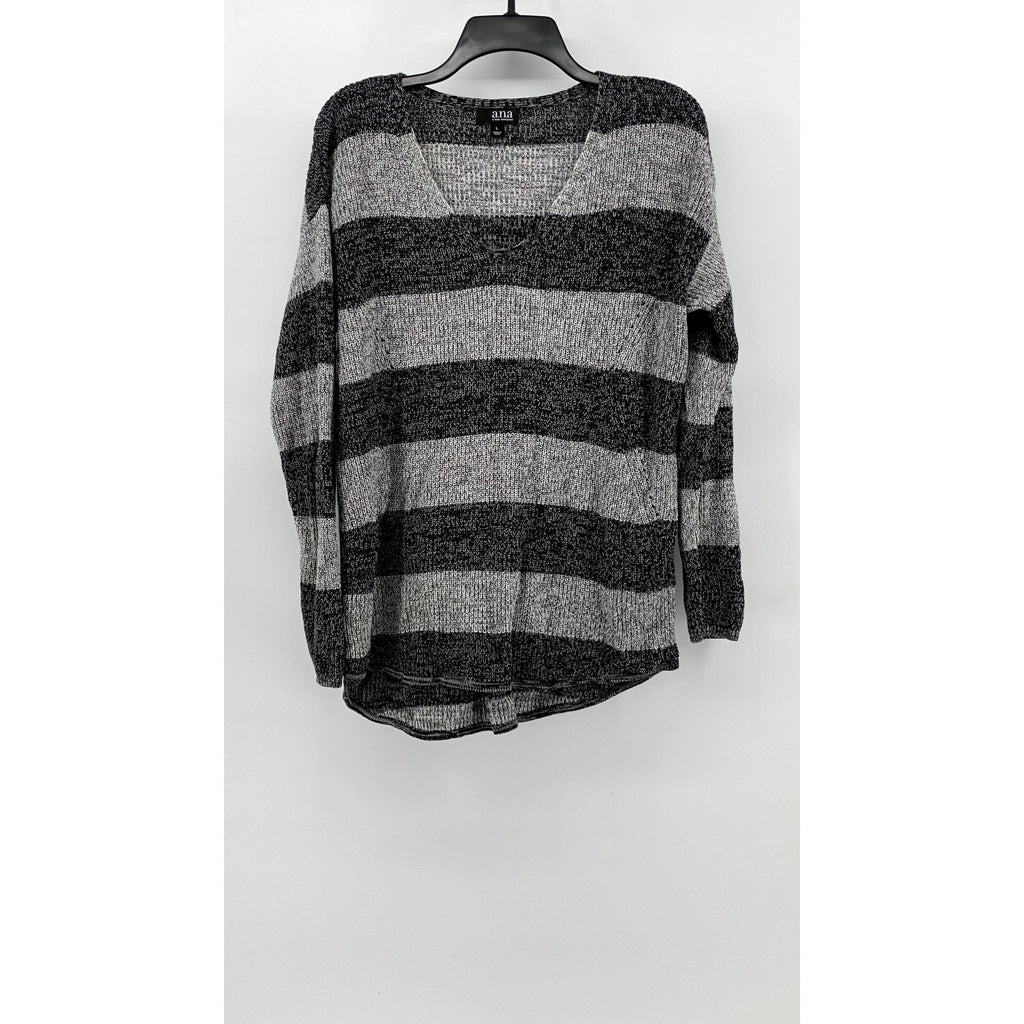 A.N.A A NEW APPROACH Women's Gray Striped Knit Long Sleeve Sweater SZ L