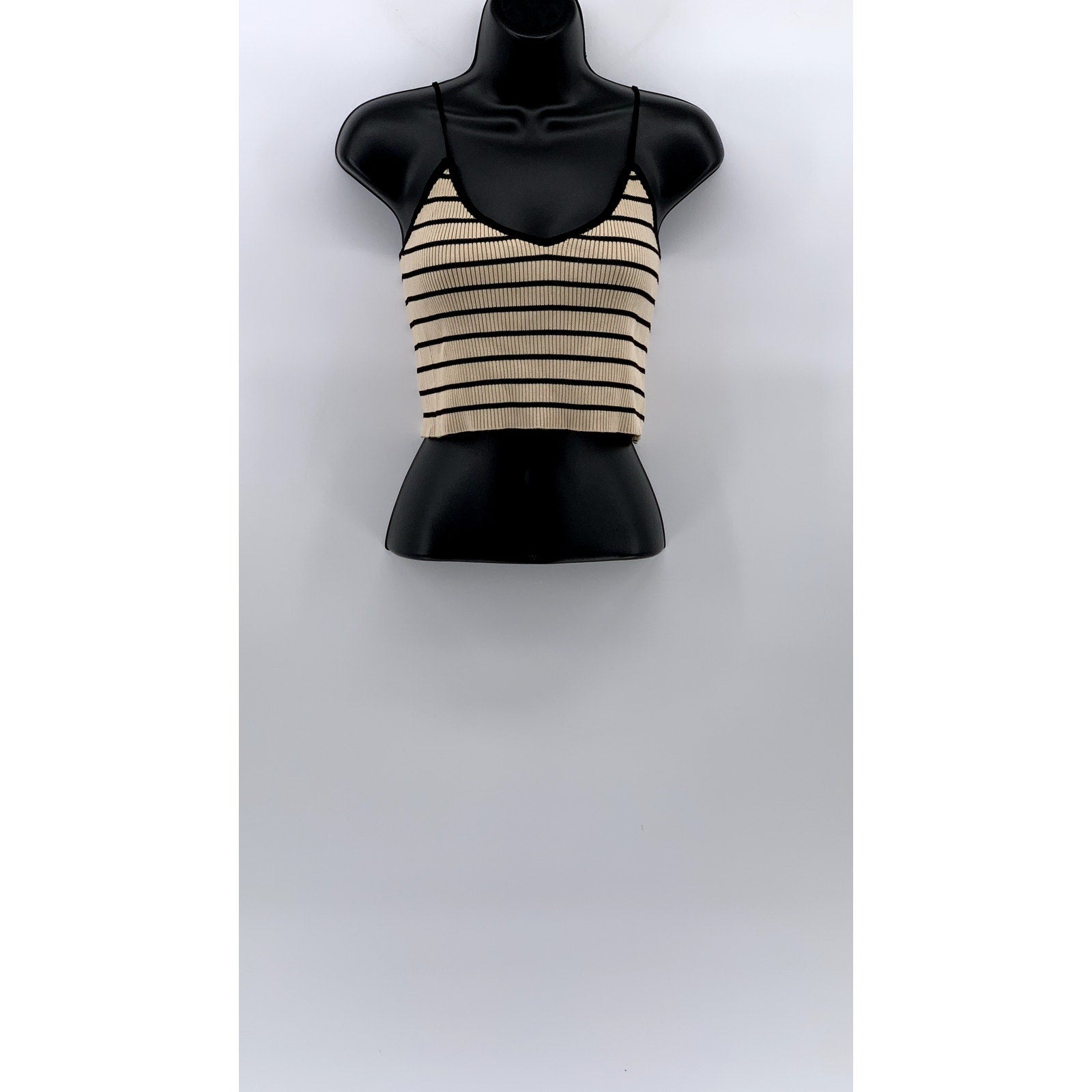 COMMENSE Women's Beige-Black Striped Spaghetti Strap V-Neck Cropped Top SZ L